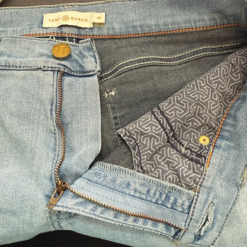 Tory Burch Straight Leg Denim Jeans Womens 28 Blue Stretch Logo Designer Classic